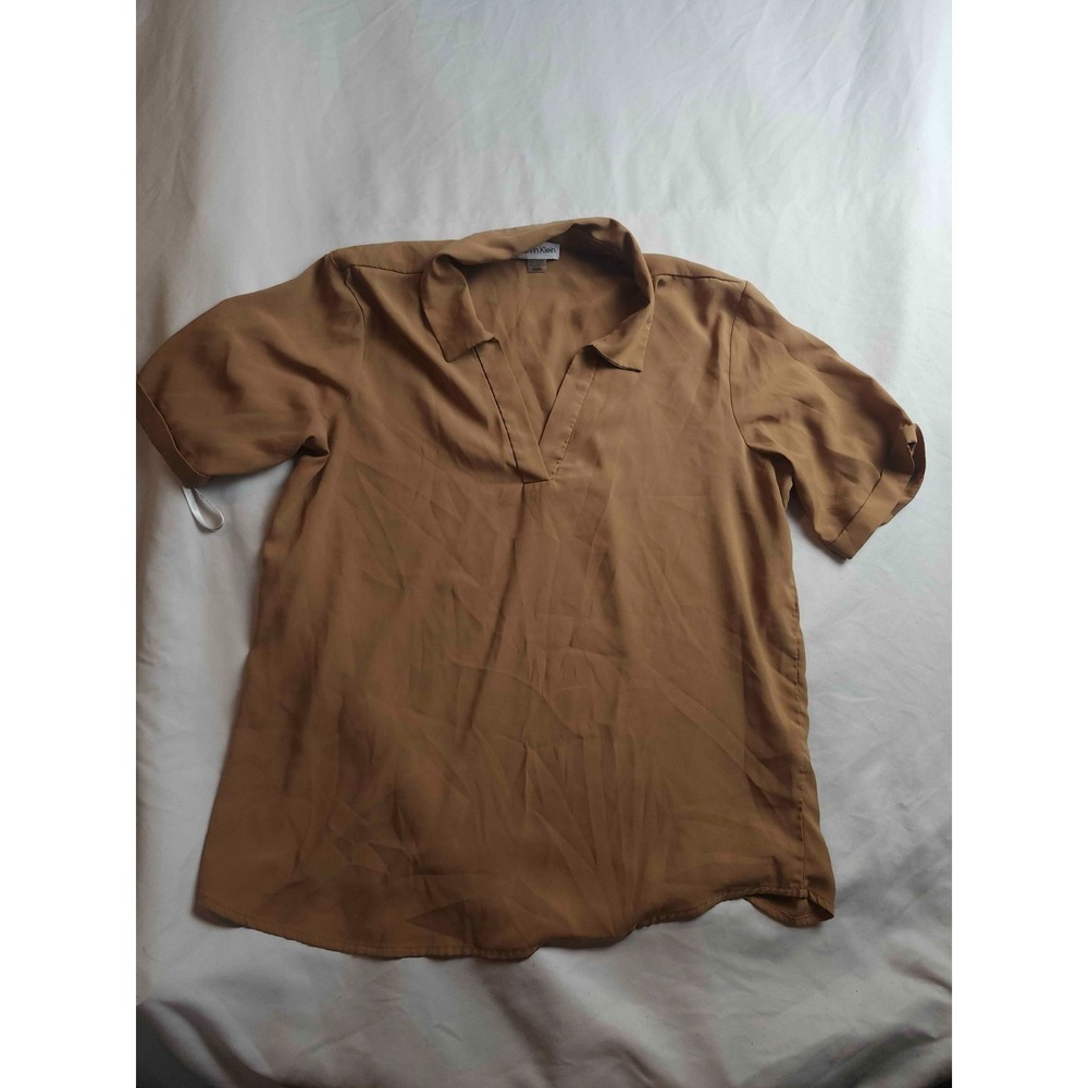 Calvin‎ Klein Popover Shirt Womens Medium Tan Woven Short Sleeve Split Neck